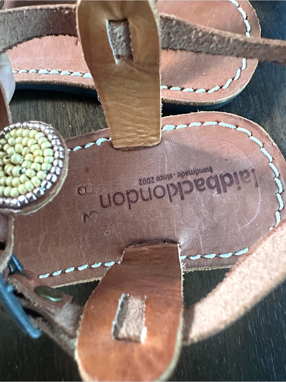Free People Laidback London Tan Beaded T Strap Sandals Made In Kenya 38 7 NWT - Picture 5 of 7